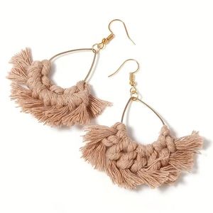 Bohemian khaki tan woven tassel hand crafted drop earrings new NWT